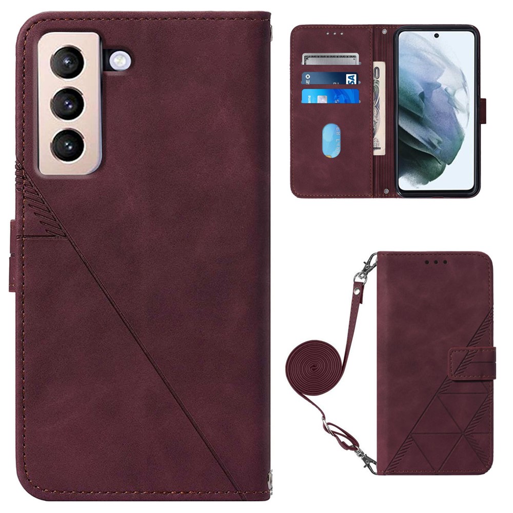 PB2-1 Series Long Lanyard Design Full Protection Case Imprinting Lines PU Leather Stand Wallet Phone Cover for Samsung Galaxy S21+ 5G - Wine Red-1