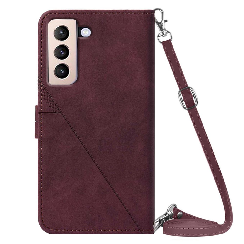 PB2-1 Series Long Lanyard Design Full Protection Case Imprinting Lines PU Leather Stand Wallet Phone Cover for Samsung Galaxy S21+ 5G - Wine Red-3