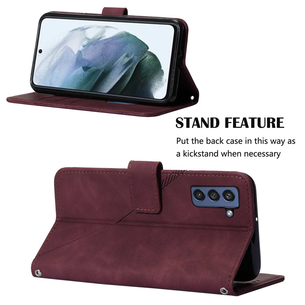 PB2-1 Series Long Lanyard Design Full Protection Case Imprinting Lines PU Leather Stand Wallet Phone Cover for Samsung Galaxy S21+ 5G - Wine Red-5