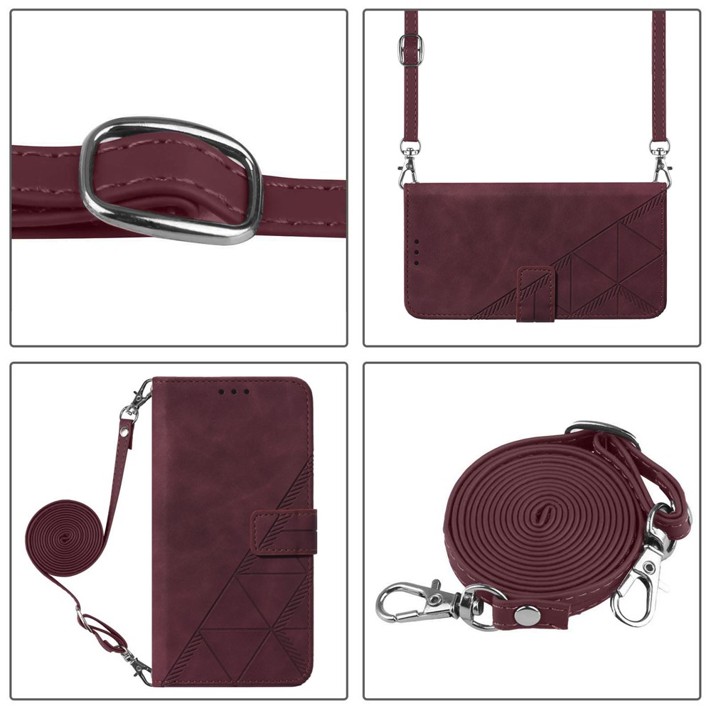 PB2-1 Series Long Lanyard Design Full Protection Case Imprinting Lines PU Leather Stand Wallet Phone Cover for Samsung Galaxy S21+ 5G - Wine Red-8