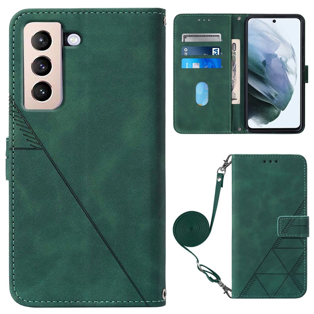 PB2-1 Series Long Lanyard Dual-sided Magnetic Clasp Case Imprinting Lines PU Leather Wallet Phone Cover with Stand for Samsung Galaxy S21 5G - Blackish Green-1