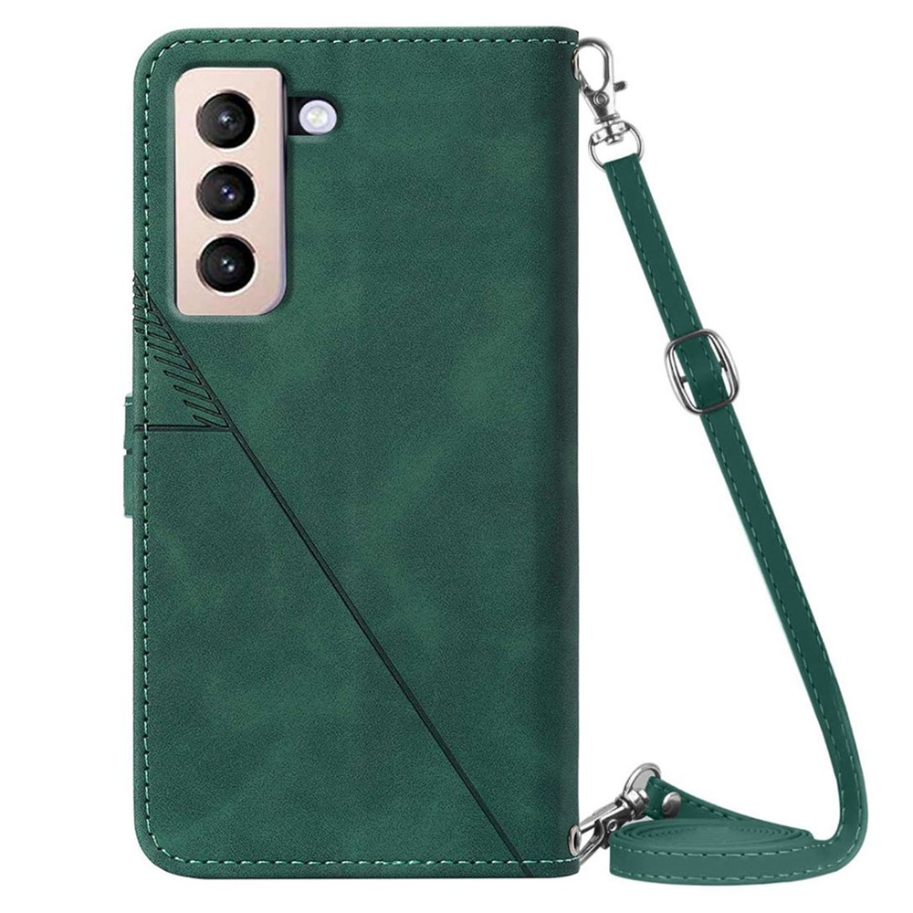 PB2-1 Series Long Lanyard Dual-sided Magnetic Clasp Case Imprinting Lines PU Leather Wallet Phone Cover with Stand for Samsung Galaxy S21 5G - Blackish Green-3
