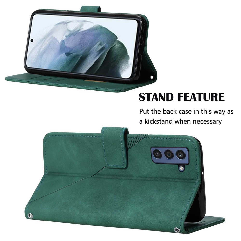 PB2-1 Series Long Lanyard Dual-sided Magnetic Clasp Case Imprinting Lines PU Leather Wallet Phone Cover with Stand for Samsung Galaxy S21 5G - Blackish Green-5