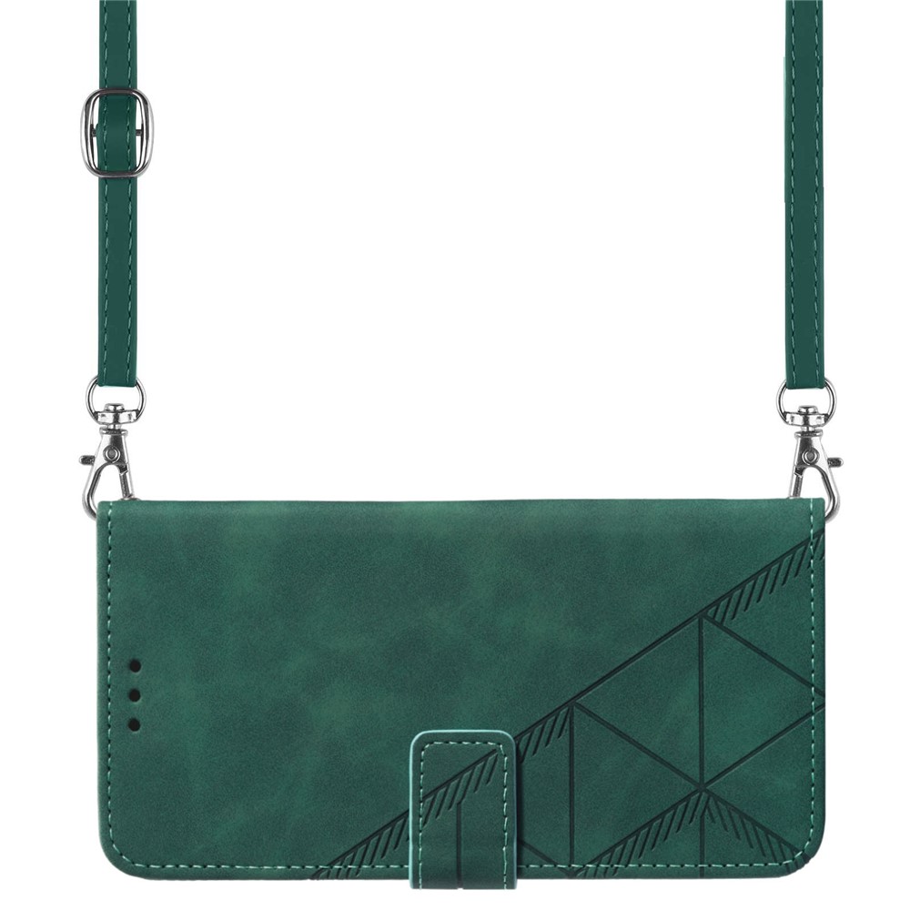PB2-1 Series Long Lanyard Dual-sided Magnetic Clasp Case Imprinting Lines PU Leather Wallet Phone Cover with Stand for Samsung Galaxy S21 5G - Blackish Green-7