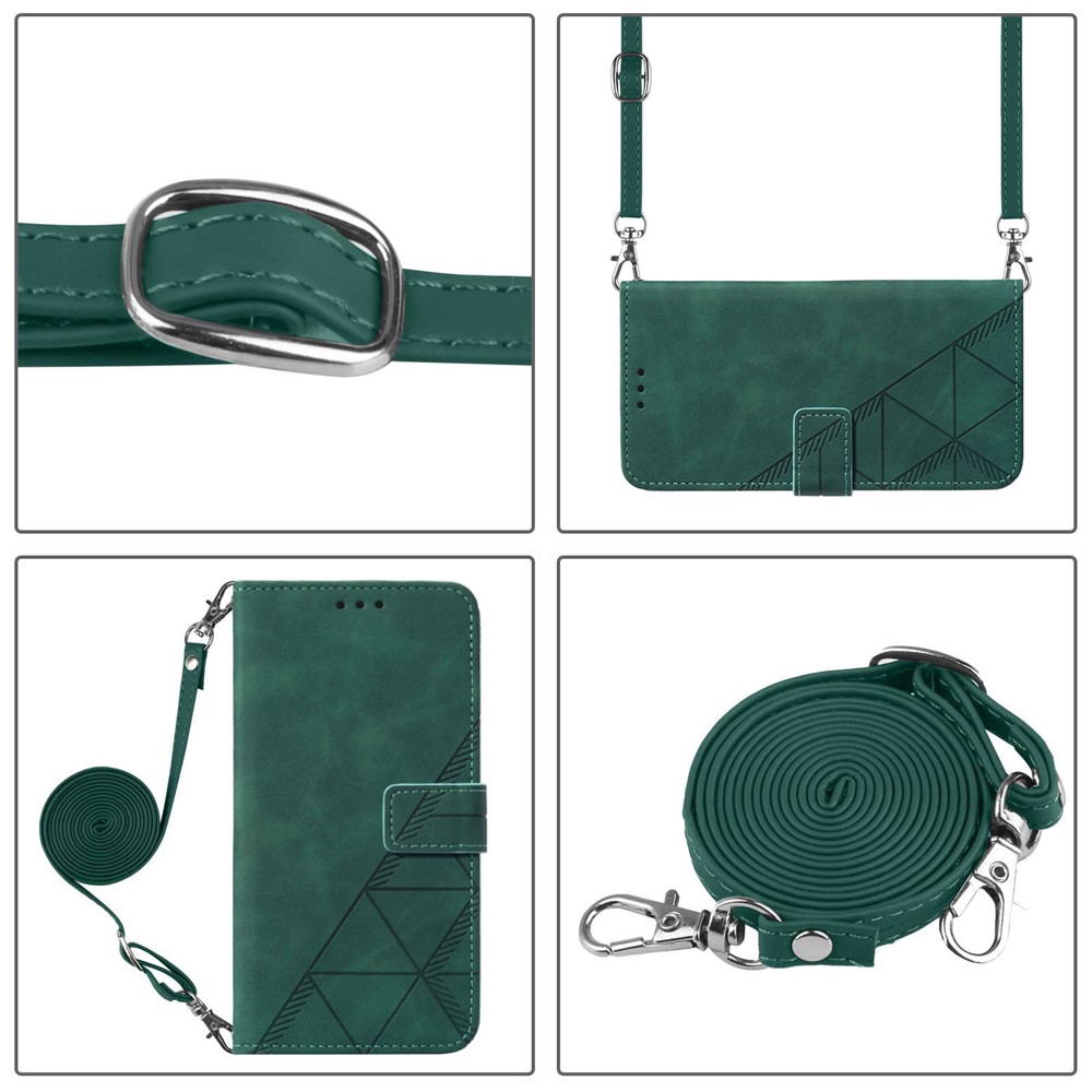PB2-1 Series Long Lanyard Dual-sided Magnetic Clasp Case Imprinting Lines PU Leather Wallet Phone Cover with Stand for Samsung Galaxy S21 5G - Blackish Green-8