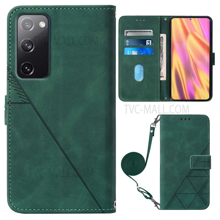PB2-1 Series Long Lanyard Magnetic Closure Case Wallet Function Imprinting Lines PU Leather Phone Cover with Stand for Samsung Galaxy A02s (166.5x75.9x9.2mm) - Blackish Green-1