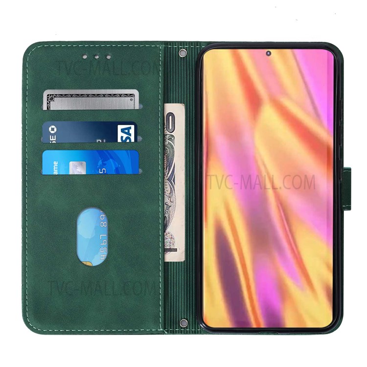 PB2-1 Series Long Lanyard Magnetic Closure Case Wallet Function Imprinting Lines PU Leather Phone Cover with Stand for Samsung Galaxy A02s (166.5x75.9x9.2mm) - Blackish Green-4