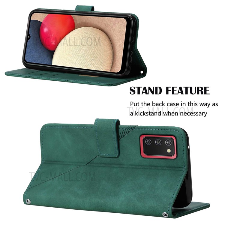 PB2-1 Series Long Lanyard Magnetic Closure Case Wallet Function Imprinting Lines PU Leather Phone Cover with Stand for Samsung Galaxy A02s (166.5x75.9x9.2mm) - Blackish Green-5