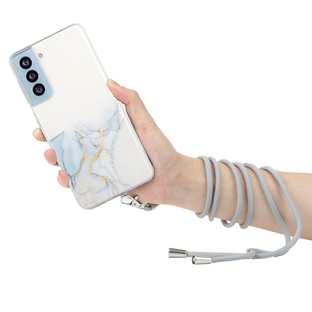 Long Lanyard Drop-proof Precise Cutout Embossing Marble Pattern Flexible TPU Phone Case Shell for Samsung Galaxy S22 5G - Grey-2