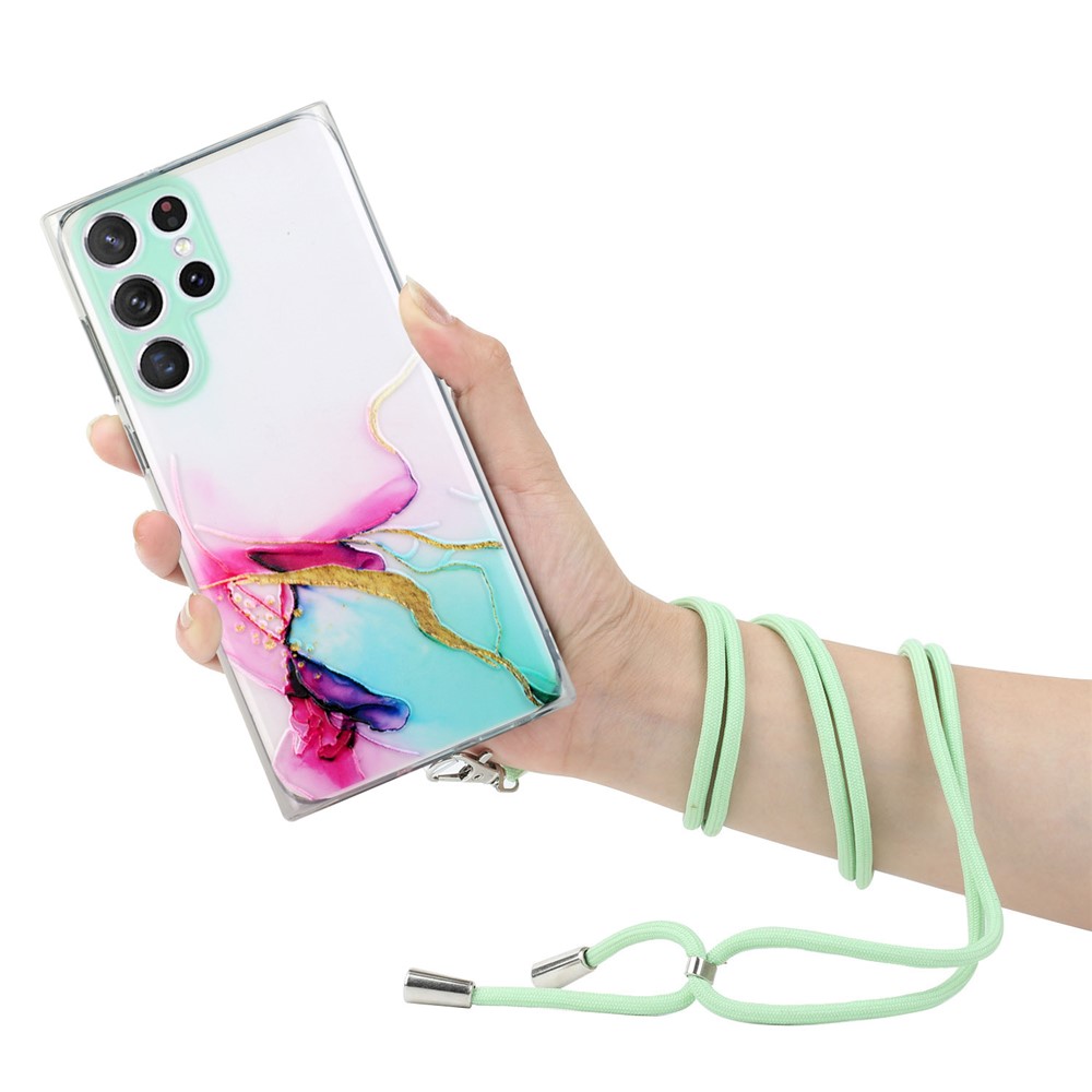 Embossing Marble Pattern Anti-scratch TPU Case Long Lanyard Phone Cover Shell for Samsung Galaxy S22 Ultra 5G - Green-2