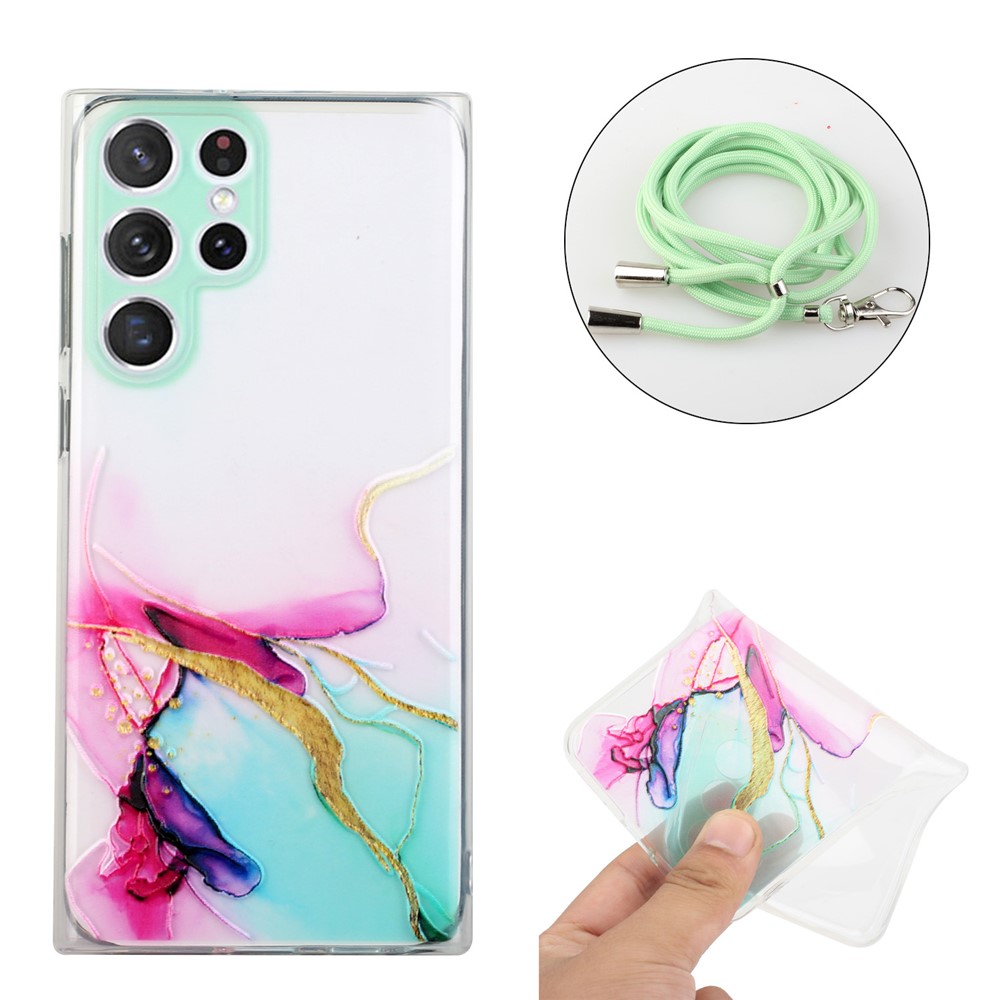 Embossing Marble Pattern Anti-scratch TPU Case Long Lanyard Phone Cover Shell for Samsung Galaxy S22 Ultra 5G - Green-4