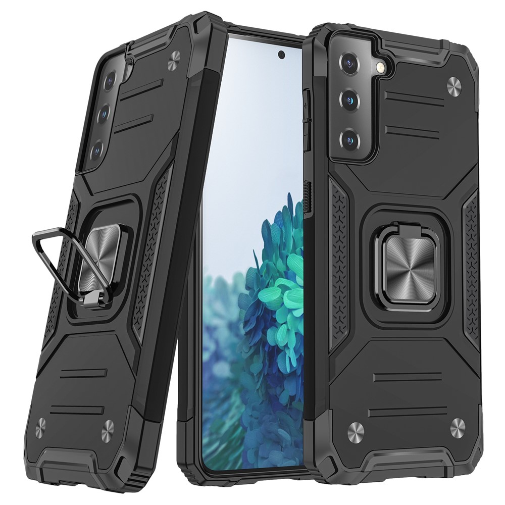 Dual-Layer Shock-Absorption Hard PC Soft TPU Case with Ring Holder Kickstand for Samsung Galaxy S22+ 5G - Black-1