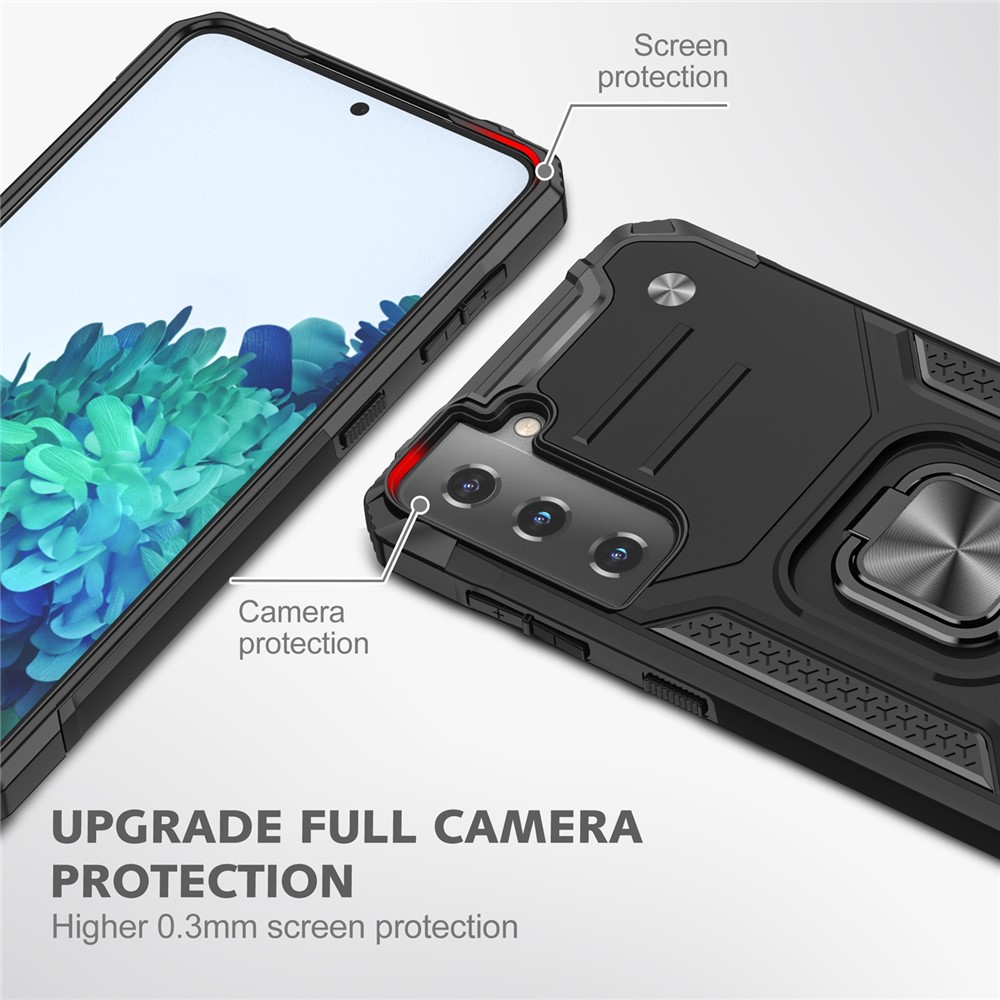 Dual-Layer Shock-Absorption Hard PC Soft TPU Case with Ring Holder Kickstand for Samsung Galaxy S22+ 5G - Black-2