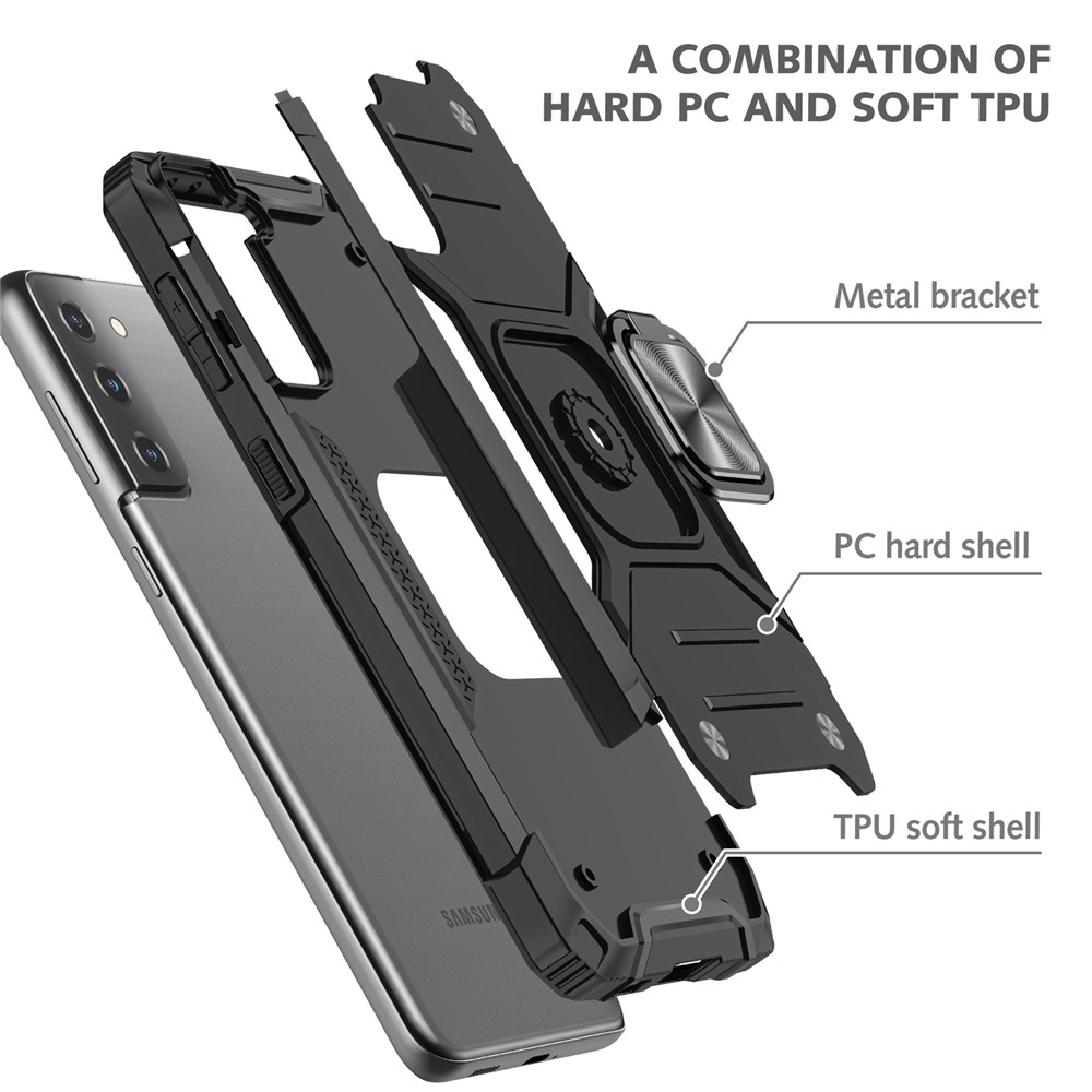 Dual-Layer Shock-Absorption Hard PC Soft TPU Case with Ring Holder Kickstand for Samsung Galaxy S22+ 5G - Black-3