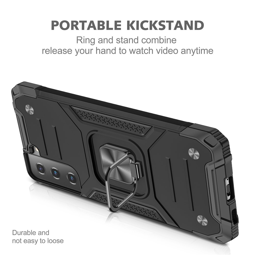 Dual-Layer Shock-Absorption Hard PC Soft TPU Case with Ring Holder Kickstand for Samsung Galaxy S22+ 5G - Black-4