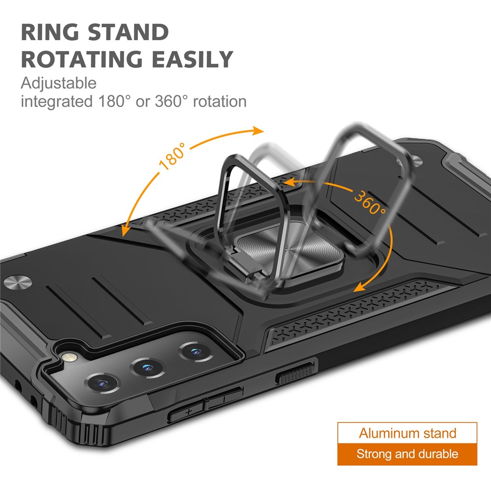 Dual-Layer Shock-Absorption Hard PC Soft TPU Case with Ring Holder Kickstand for Samsung Galaxy S22+ 5G - Black-5
