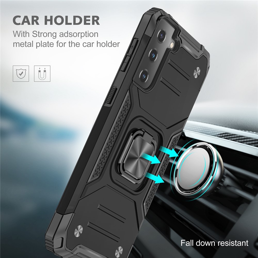 Dual-Layer Shock-Absorption Hard PC Soft TPU Case with Ring Holder Kickstand for Samsung Galaxy S22+ 5G - Black-6