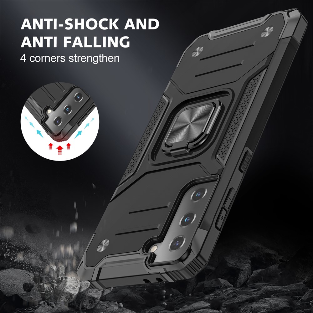 Dual-Layer Shock-Absorption Hard PC Soft TPU Case with Ring Holder Kickstand for Samsung Galaxy S22+ 5G - Black-7