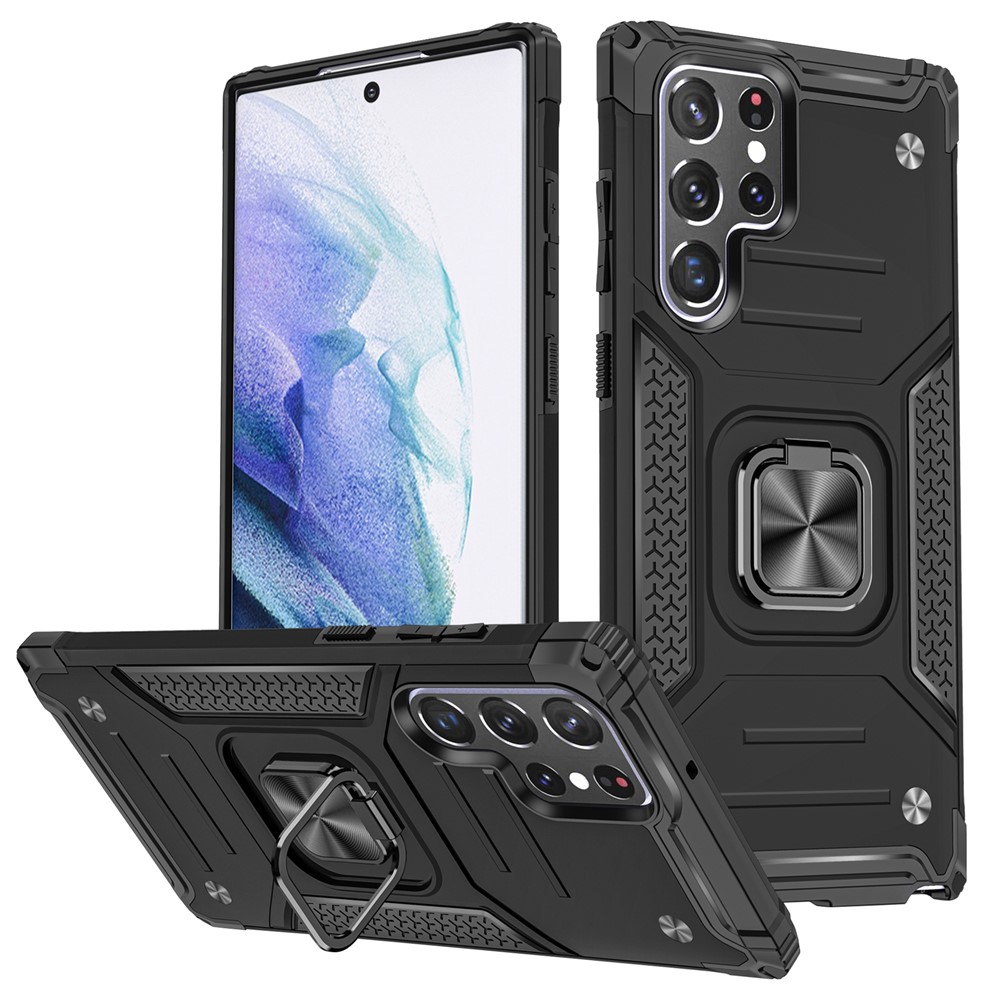 Car Mount Kickstand Hybrid Hard PC Soft TPU Shockproof Protective Case for Samsung Galaxy S22 Ultra 5G - Black-1