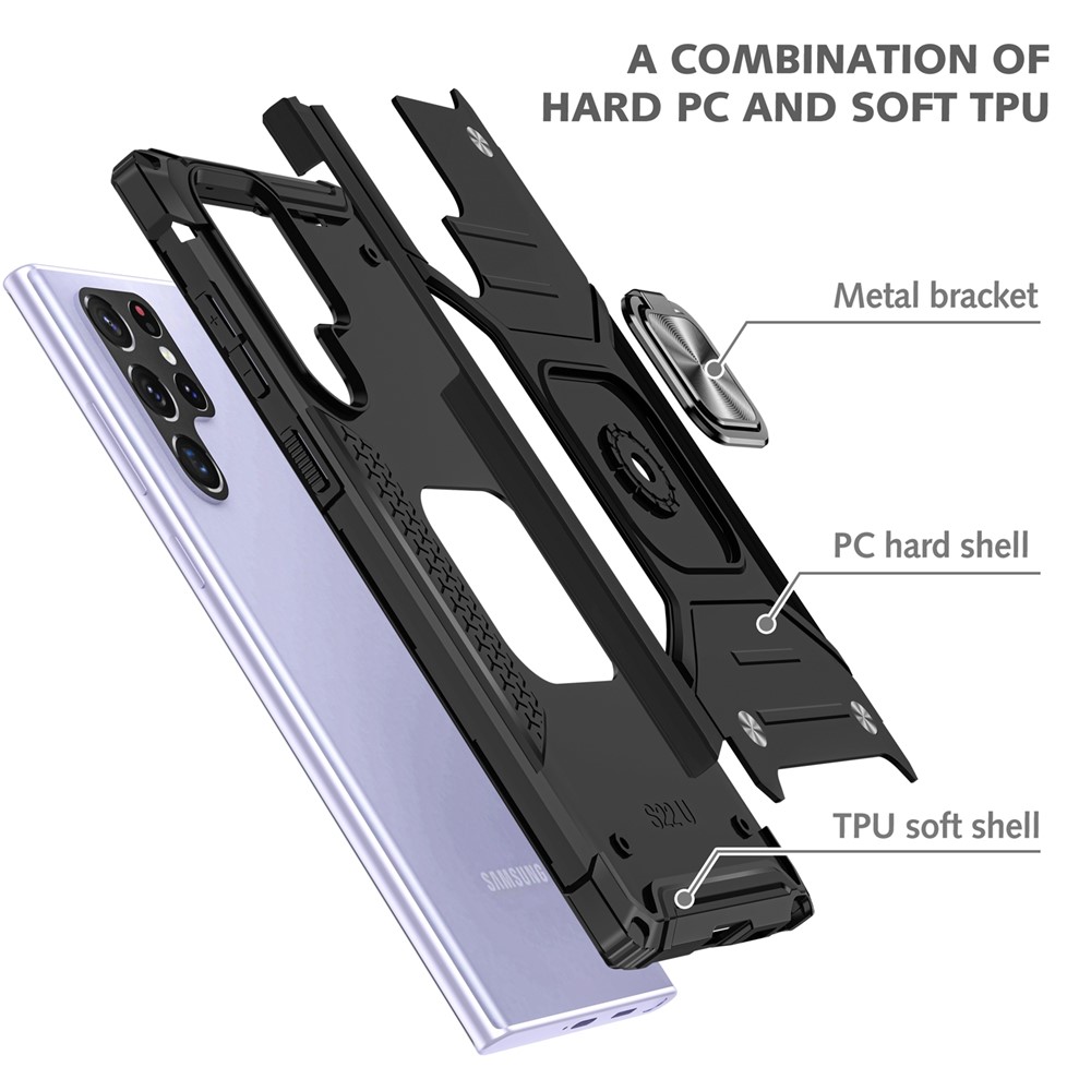Car Mount Kickstand Hybrid Hard PC Soft TPU Shockproof Protective Case for Samsung Galaxy S22 Ultra 5G - Black-3