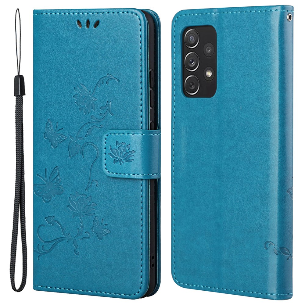 Scratch-resistant Imprinted Butterflies Flower PU Leather Wallet Function Phone Case Stand Shell for Samsung Galaxy A73 5G - Blue-1