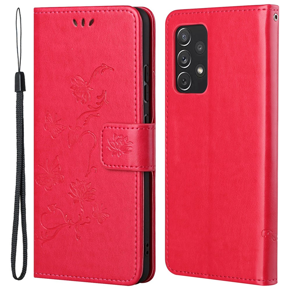 Scratch-resistant Imprinted Butterflies Flower PU Leather Wallet Function Phone Case Stand Shell for Samsung Galaxy A73 5G - Red-1
