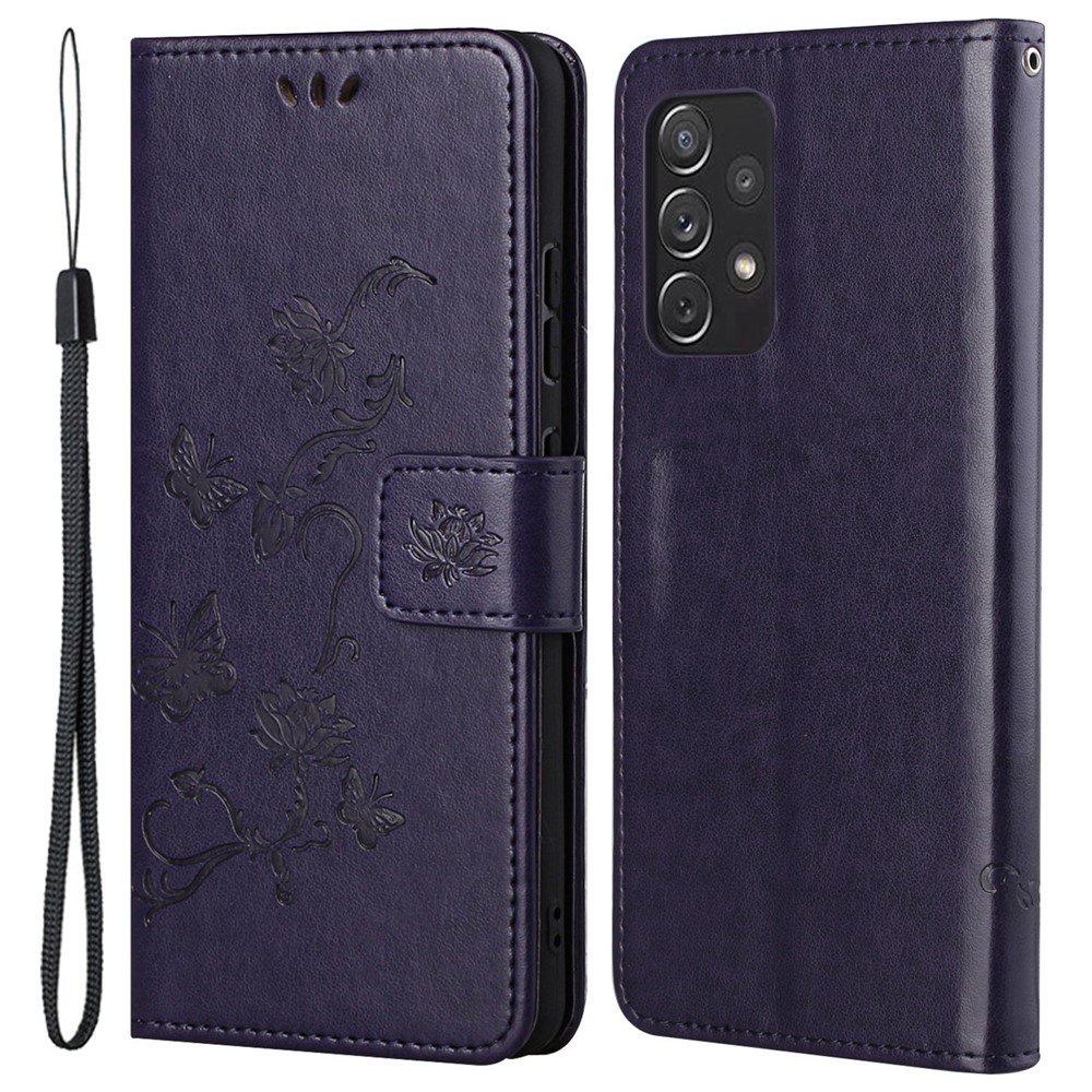 Scratch-resistant Imprinted Butterflies Flower PU Leather Wallet Function Phone Case Stand Shell for Samsung Galaxy A73 5G - Dark Purple-1
