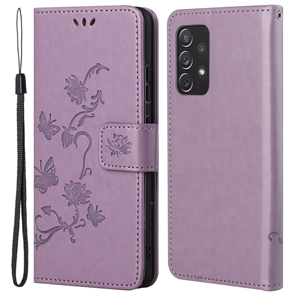 Scratch-resistant Imprinted Butterflies Flower PU Leather Wallet Function Phone Case Stand Shell for Samsung Galaxy A73 5G - Light Purple-1