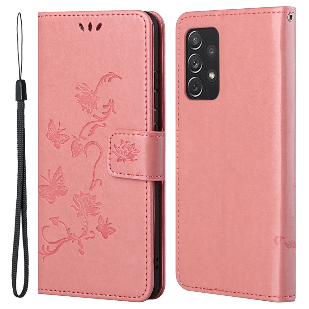 Scratch-resistant Imprinted Butterflies Flower PU Leather Wallet Function Phone Case Stand Shell for Samsung Galaxy A73 5G - Pink-1