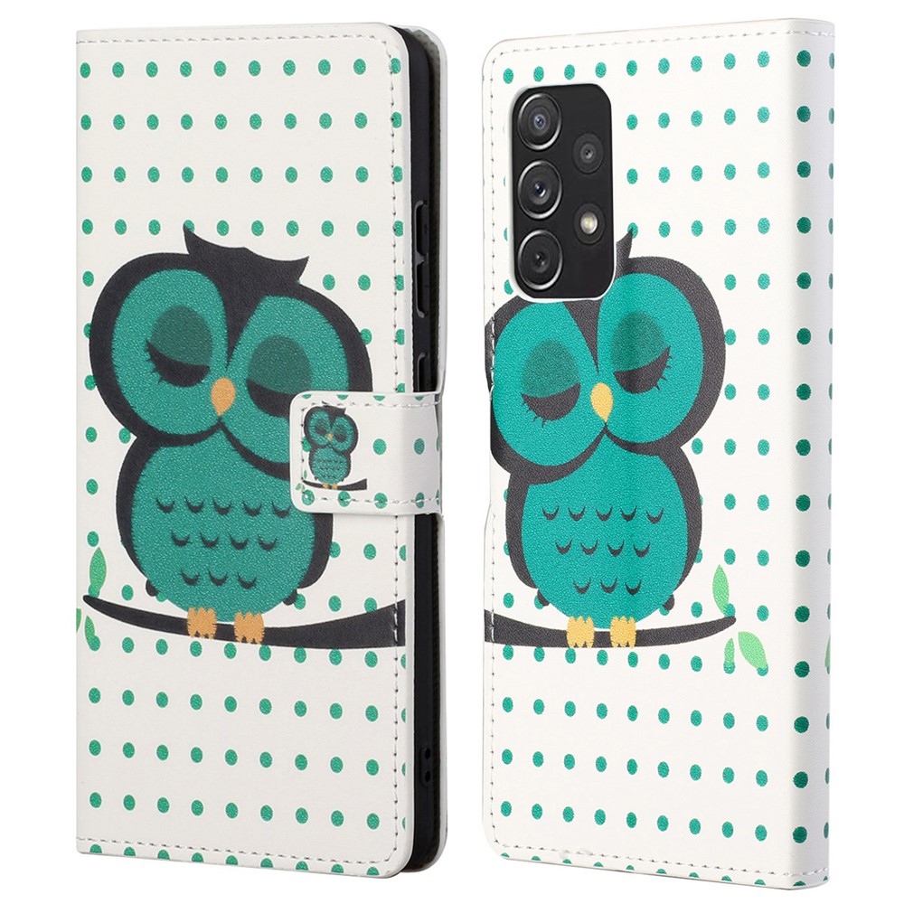 TPU + PU Leather Stand Phone Case Pattern Printing Magnetic Closure Flip Protector with Card Slots Cash Pocket for Samsung Galaxy A73 5G - Green Owl-1