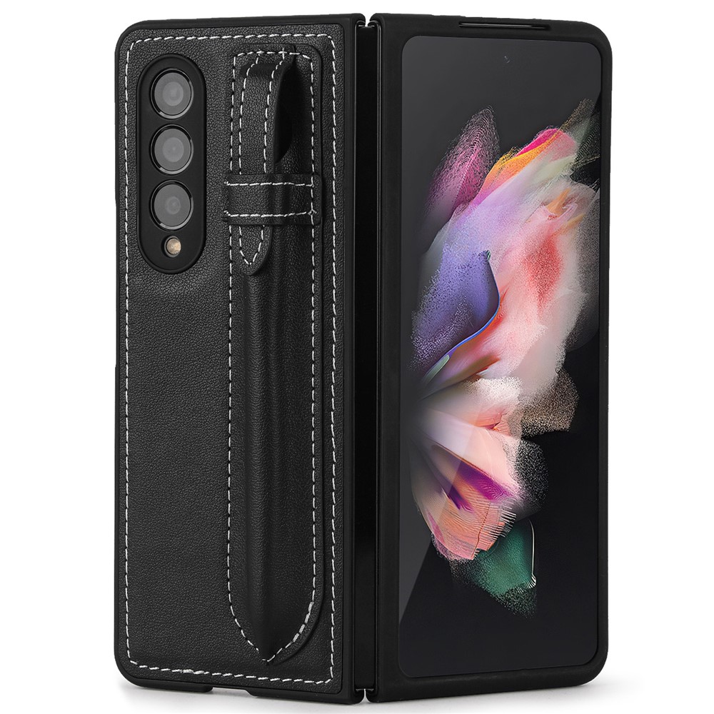 Pen Slot Design Top Layer Genuine Leather Coated Hard PC Phone Case Cover for Samsung Galaxy Z Fold3 5G - Black-1