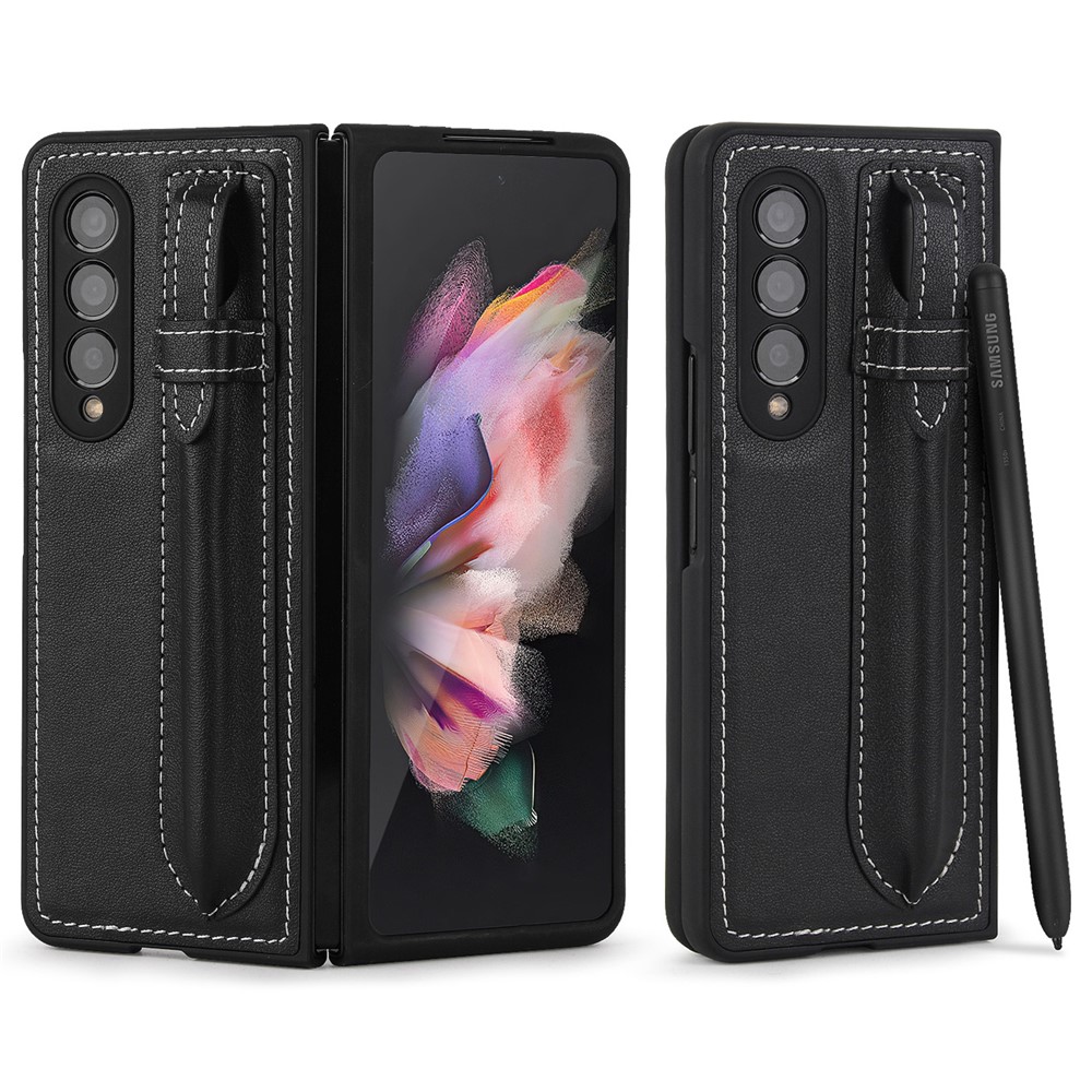 Pen Slot Design Top Layer Genuine Leather Coated Hard PC Phone Case Cover for Samsung Galaxy Z Fold3 5G - Black-2
