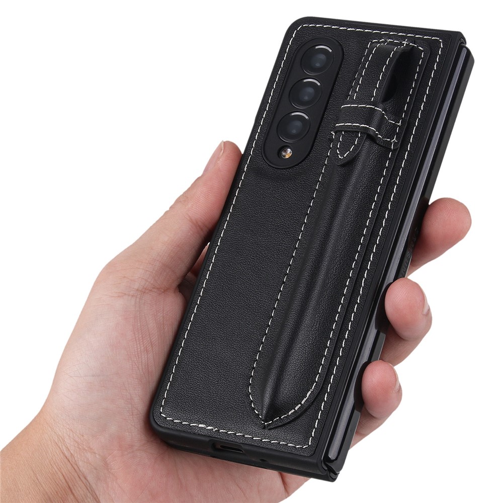 Pen Slot Design Top Layer Genuine Leather Coated Hard PC Phone Case Cover for Samsung Galaxy Z Fold3 5G - Black-3