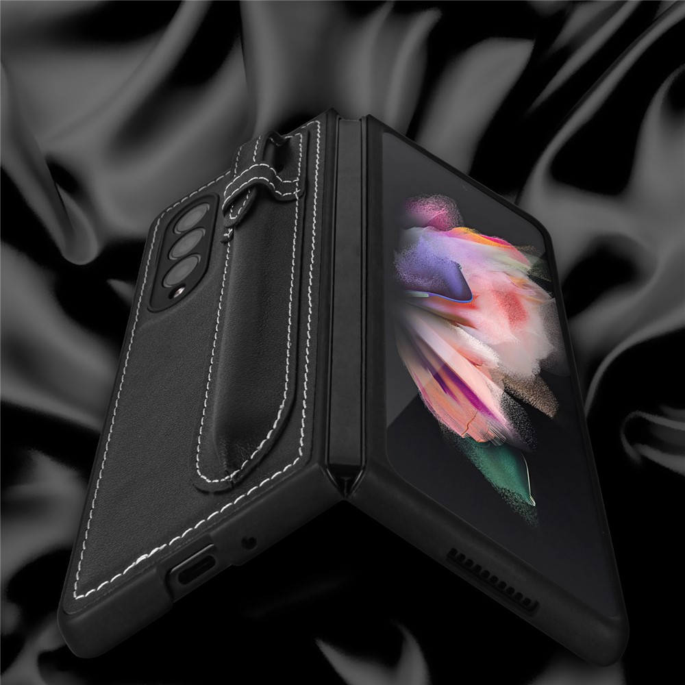 Pen Slot Design Top Layer Genuine Leather Coated Hard PC Phone Case Cover for Samsung Galaxy Z Fold3 5G - Black-6
