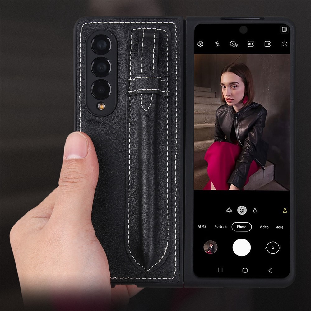 Pen Slot Design Top Layer Genuine Leather Coated Hard PC Phone Case Cover for Samsung Galaxy Z Fold3 5G - Black-7