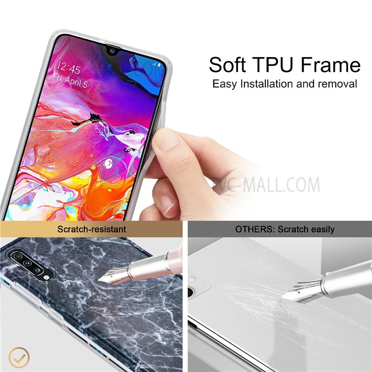 Anti-fall MF Glossy IMD Marble Straight Edge Protective Cover Flexible TPU Phone Case for Samsung Galaxy A70 - Dark Grey Marble-6