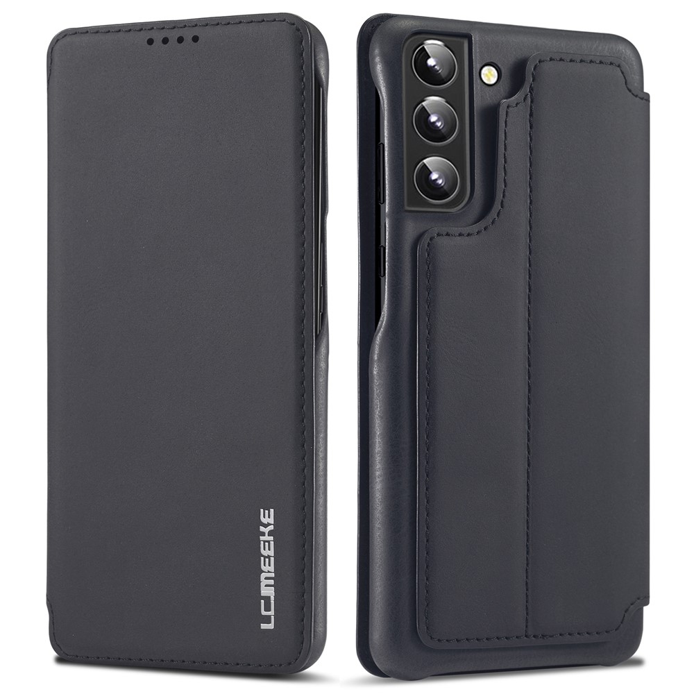 LC.IMEEKE PU Leather Phone Case Foldable Stand Card Holder Protective Cover for Samsung Galaxy S22+ 5G - Black-1