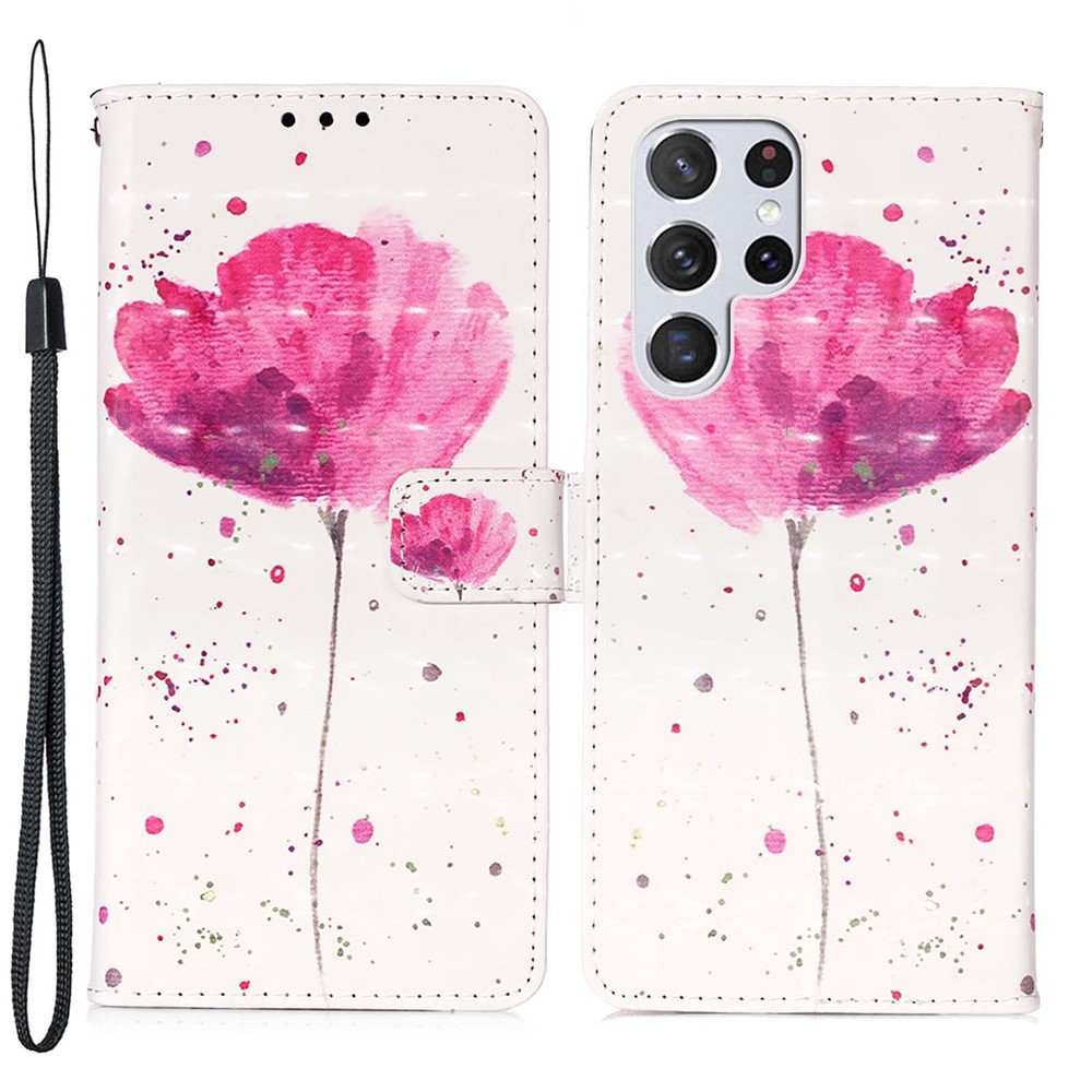 PC1 Series PU Leather Shockproof Phone Cover 3D Pattern Printing Stand Phone Case with Wallet Strap for Samsung Galaxy S22 Ultra 5G - A Flower-1