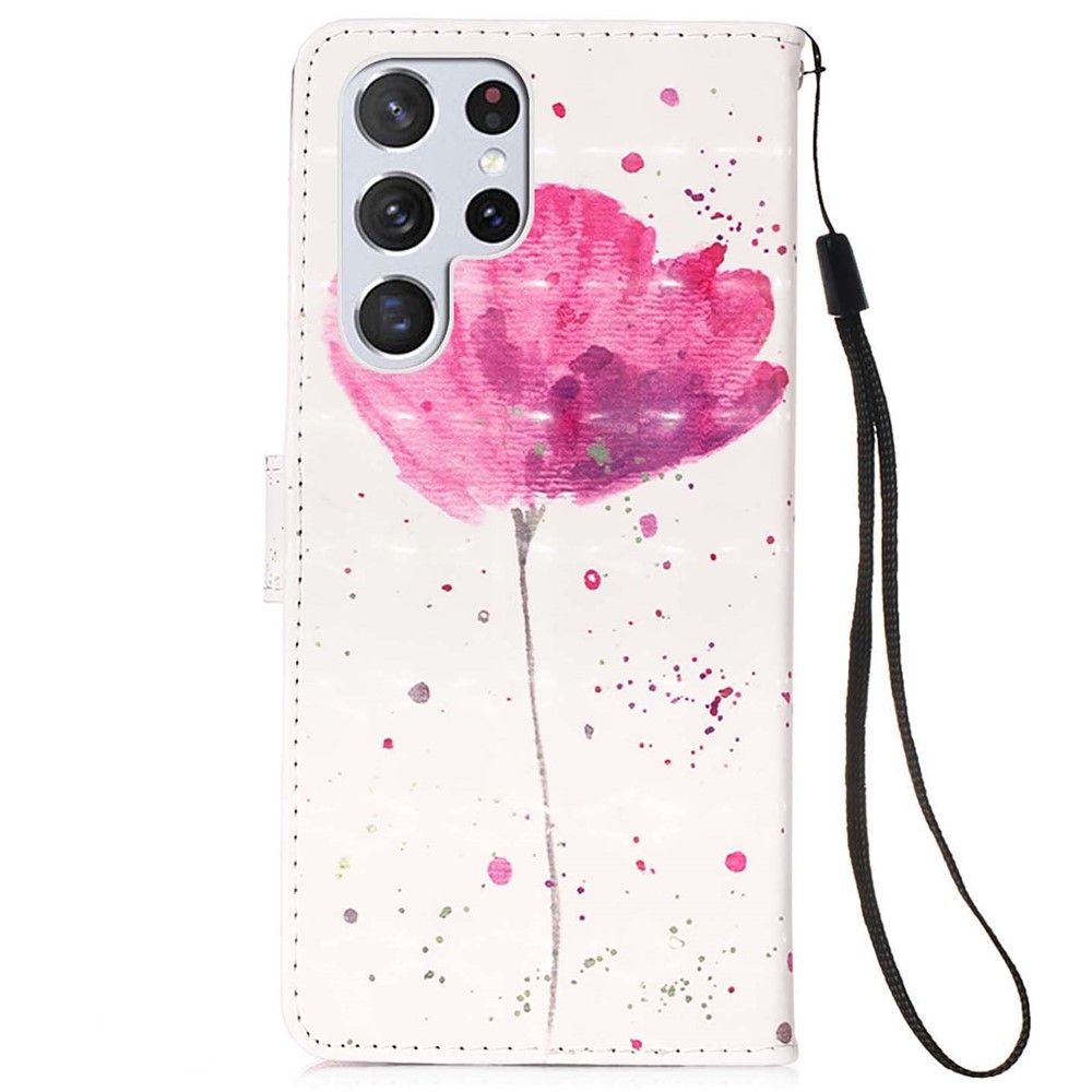 PC1 Series PU Leather Shockproof Phone Cover 3D Pattern Printing Stand Phone Case with Wallet Strap for Samsung Galaxy S22 Ultra 5G - A Flower-3