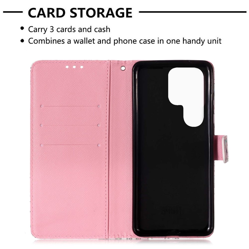 PC1 Series PU Leather Shockproof Phone Cover 3D Pattern Printing Stand Phone Case with Wallet Strap for Samsung Galaxy S22 Ultra 5G - A Flower-4