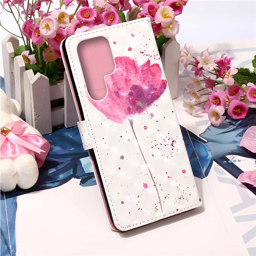 PC1 Series PU Leather Shockproof Phone Cover 3D Pattern Printing Stand Phone Case with Wallet Strap for Samsung Galaxy S22 Ultra 5G - A Flower-7