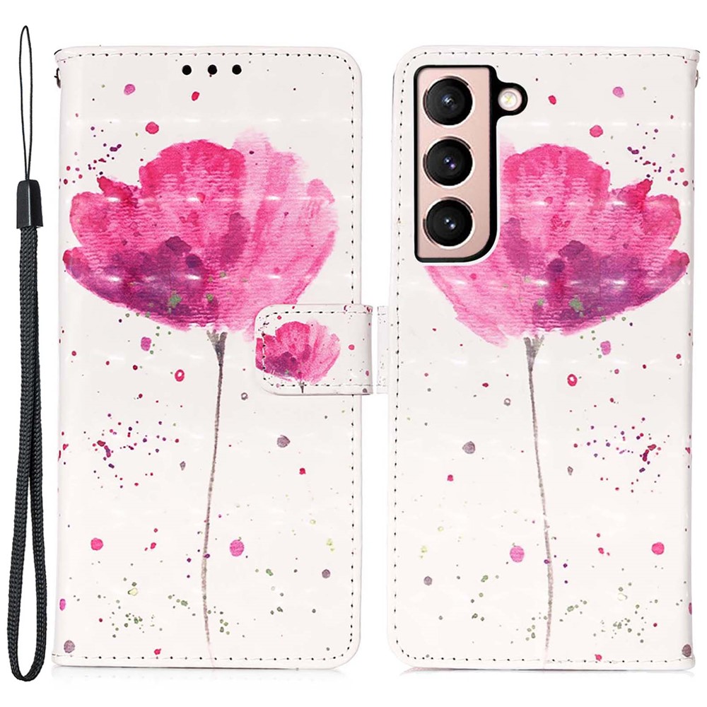 3D Pattern Printing Magnetic Clasp PU Leather Stand Wallet Phone Case Cover with Strap for Samsung Galaxy S22+ 5G - Flower-1