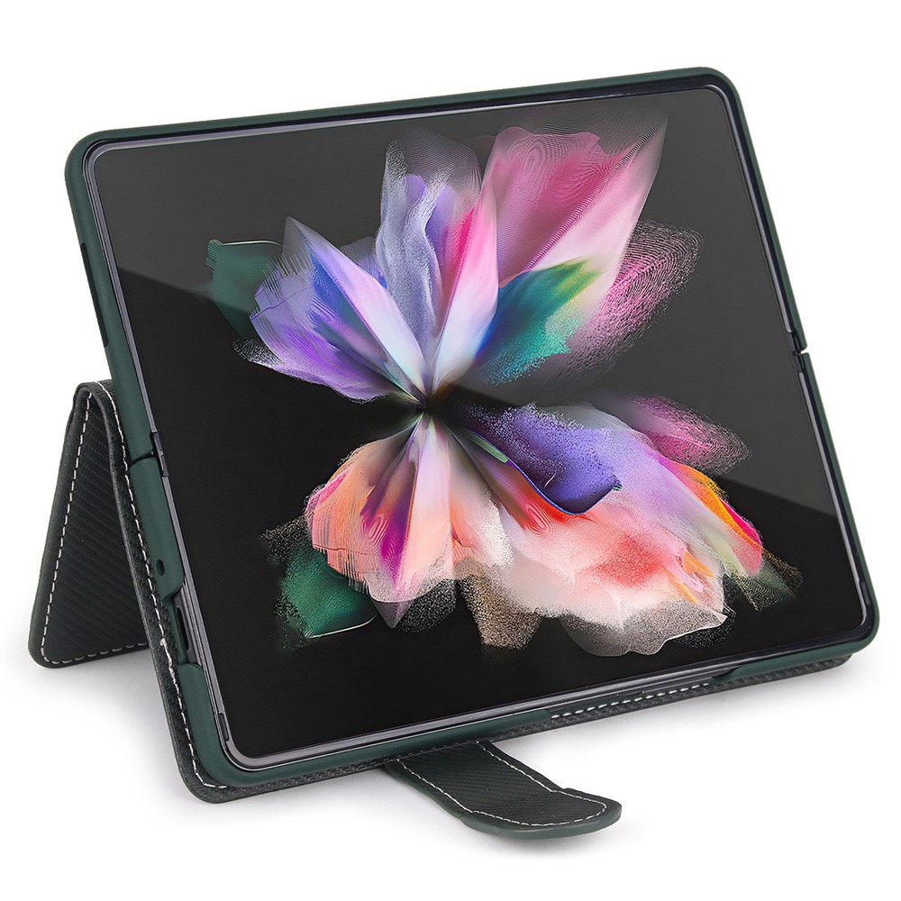 Twill Texture Detachable Genuine Leather Shell Stand Wallet Protective Phone Case with Pen Slot for Samsung Galaxy Z Fold3 5G - Black-4