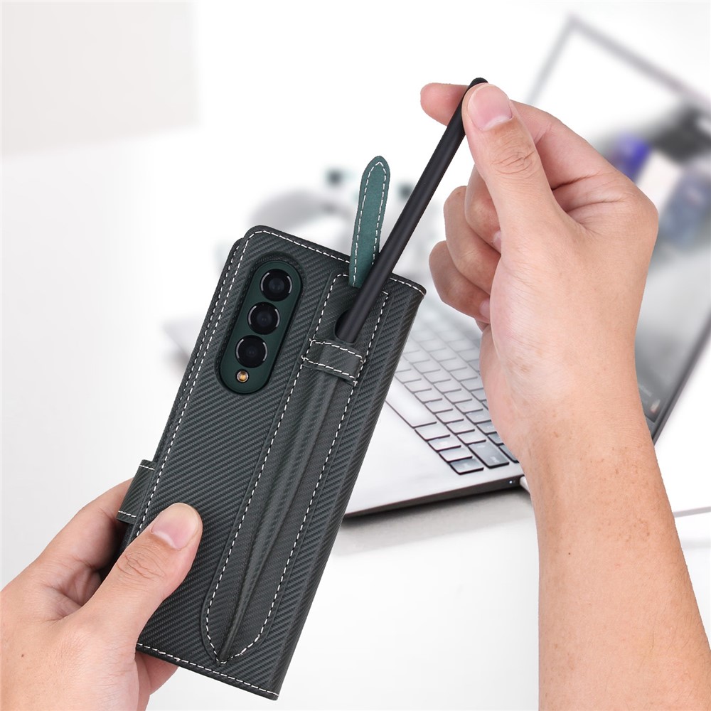 Twill Texture Detachable Genuine Leather Shell Stand Wallet Protective Phone Case with Pen Slot for Samsung Galaxy Z Fold3 5G - Black-9