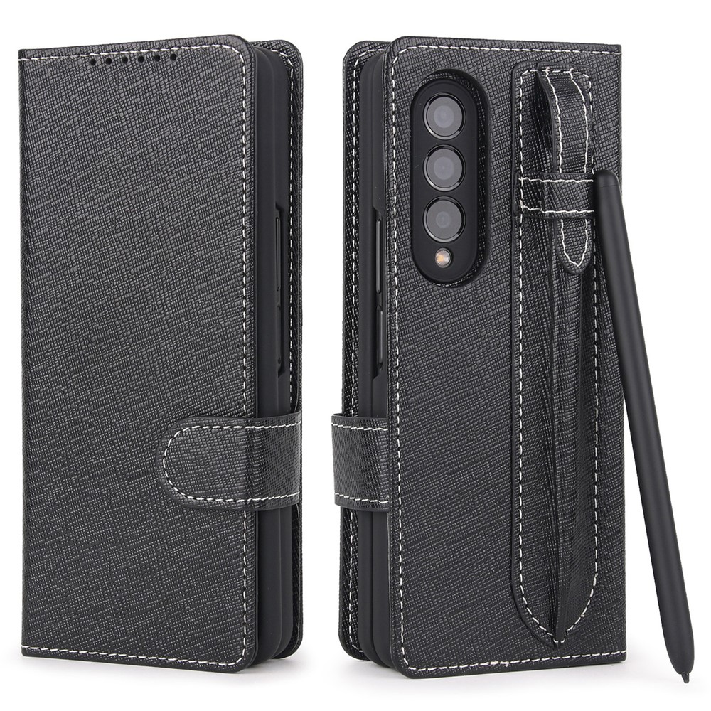 Cross Texture Stand Wallet Genuine Leather Cover Detachable Phone Case with Pen Slot for Samsung Galaxy Z Fold3 5G - Black-1