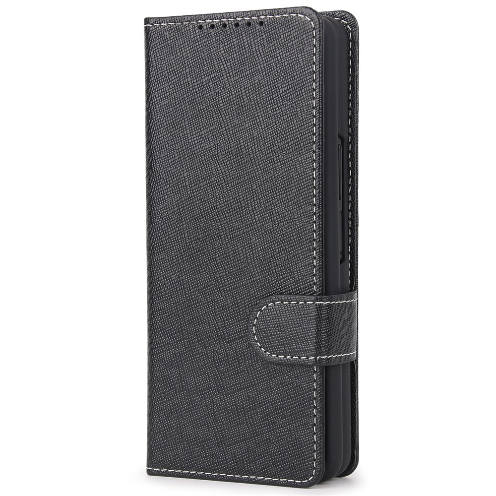Cross Texture Stand Wallet Genuine Leather Cover Detachable Phone Case with Pen Slot for Samsung Galaxy Z Fold3 5G - Black-2