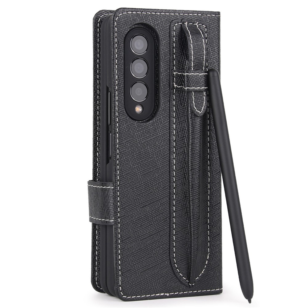 Cross Texture Stand Wallet Genuine Leather Cover Detachable Phone Case with Pen Slot for Samsung Galaxy Z Fold3 5G - Black-3