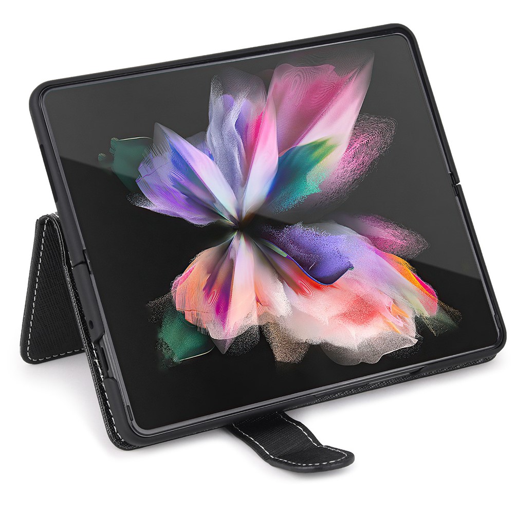 Cross Texture Stand Wallet Genuine Leather Cover Detachable Phone Case with Pen Slot for Samsung Galaxy Z Fold3 5G - Black-4