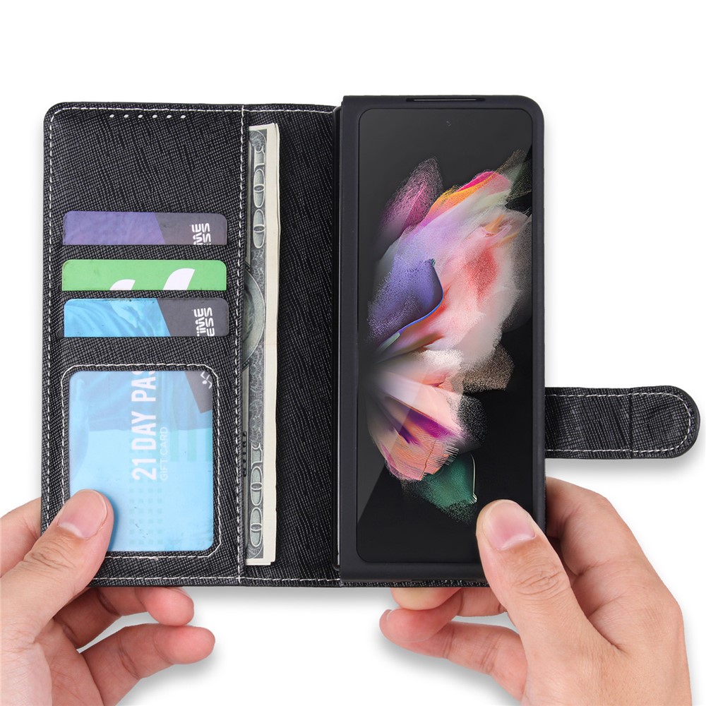 Cross Texture Stand Wallet Genuine Leather Cover Detachable Phone Case with Pen Slot for Samsung Galaxy Z Fold3 5G - Black-5
