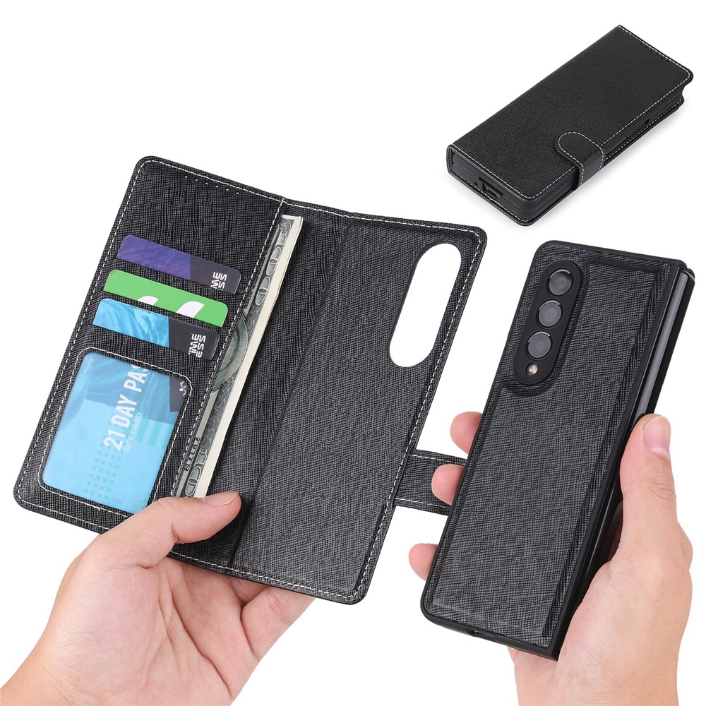 Cross Texture Stand Wallet Genuine Leather Cover Detachable Phone Case with Pen Slot for Samsung Galaxy Z Fold3 5G - Black-6